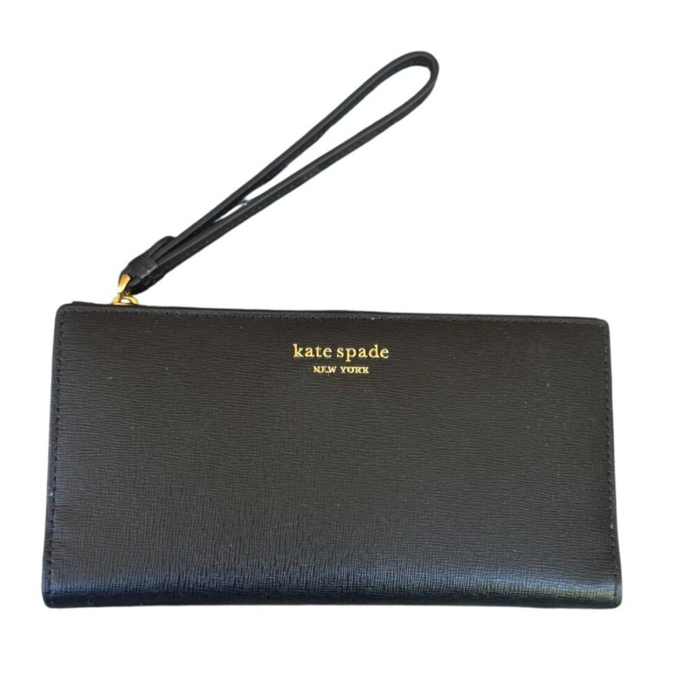 Kate Spade Black Leather Wristlet Wallet With Card Slots & Snap Closure